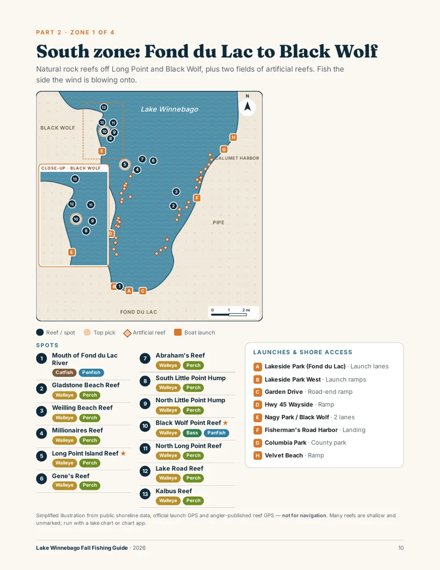 Zone 1 map page with numbered reefs and boat launches