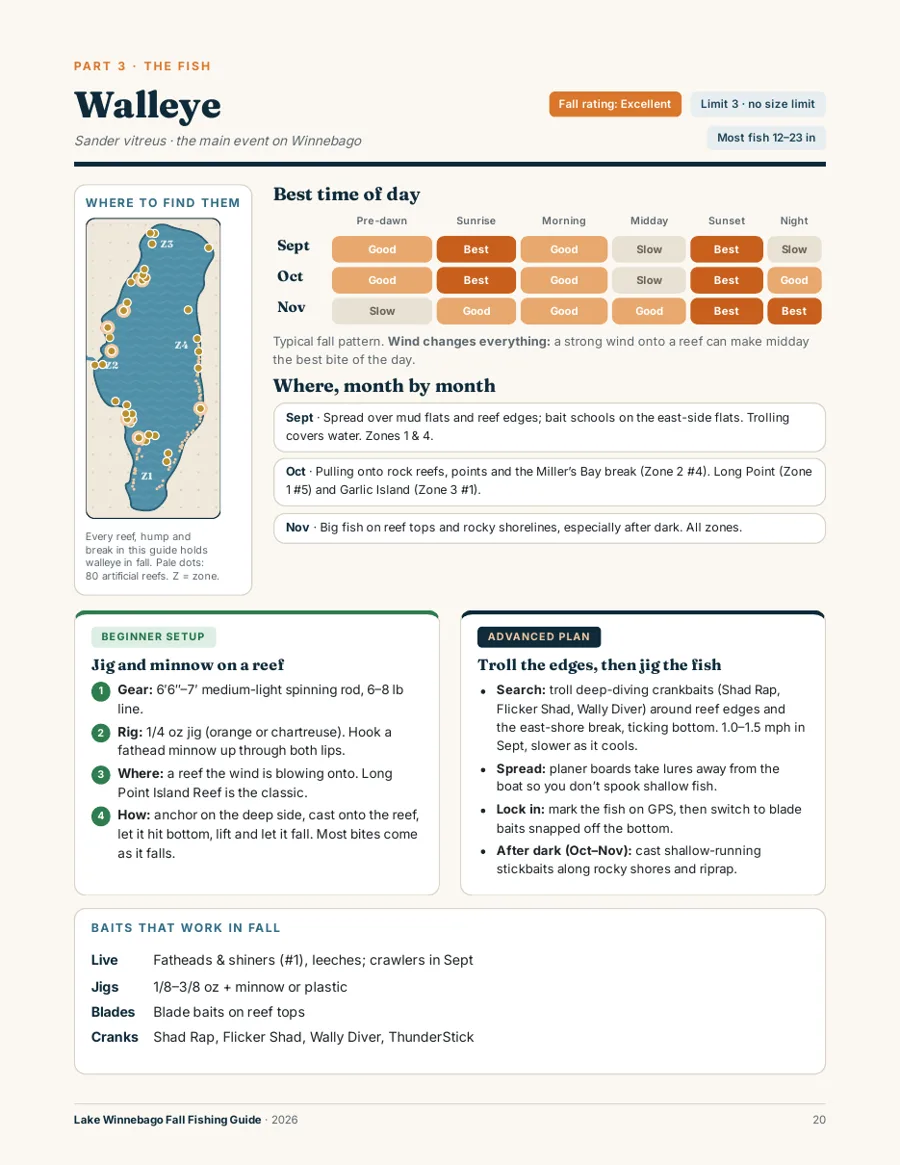 Walleye species page with best time of day chart
